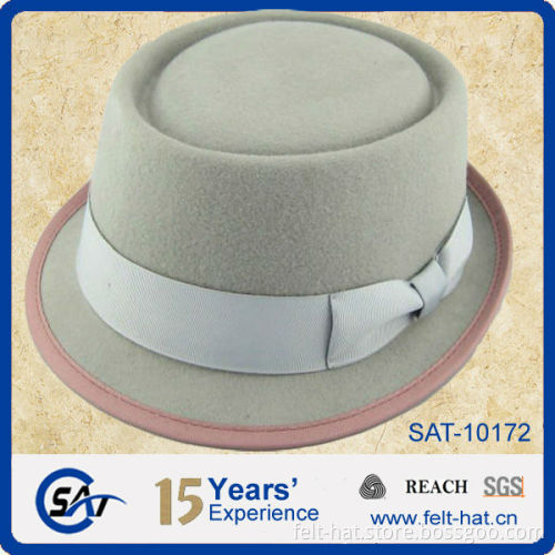 100% Wool Felt fedora hats for women, light color flat top pork pie hat with bowtie